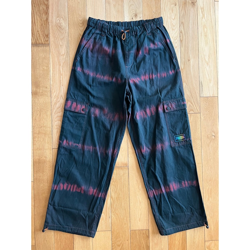NWOT Teddy Fresh Techy Tie Dye Wide Leg Cargo Pants Black Red Unisex Size XS